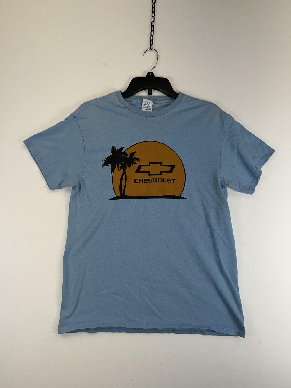Chevrolet Chevy Shirt Mens Small Blue Graphic Auto Bowtie Palm Tree Sunset Tee